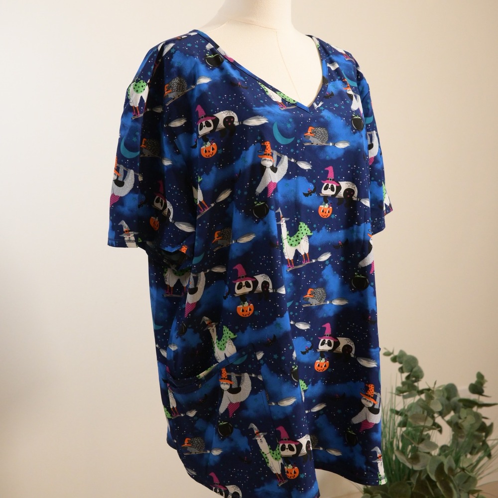 Scrubstar Halloween Animals V-Neck Scrub Top Blue Llama Witch Print XL/2XL